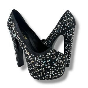 Delite Caroline Black Rhinestone Platform Pumps Heels Womens Size 38 7.5 8